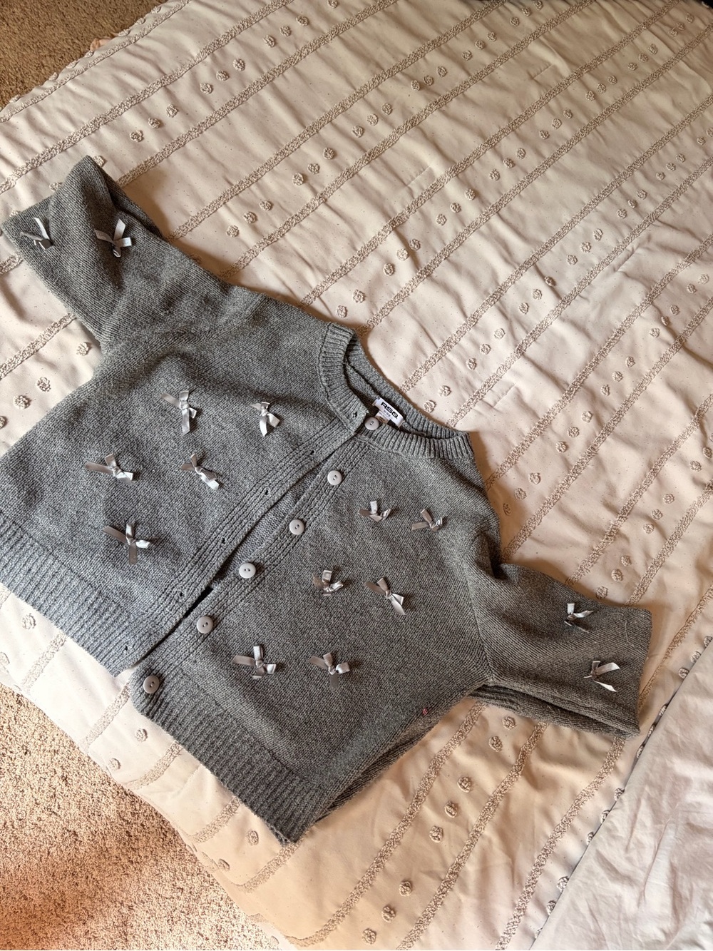 RSQ Gray Knit Button-Up Cardigan with Ribbon Accents